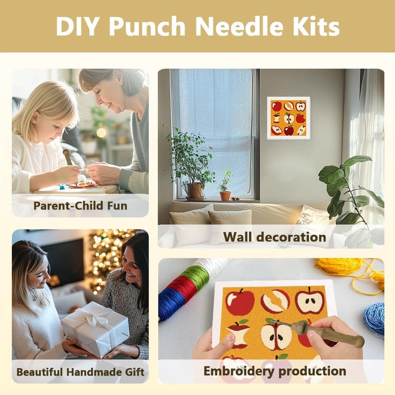 DOODLREAM 9 Styles Apple DIY Punch Needle Embroidery Kit for Adult Beginner, 9.4" Red Apple Fruit Punch Stitching Craft Set for Starter with Frame, Fabric Pattern, Threader, Yarn, Pinch Needle - Image 4